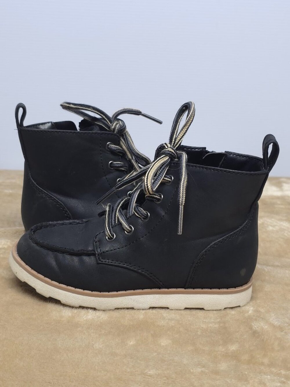 Cat & Jack Kids Size 10 Black Ankle Boots Lace Up Side Zip Moc Toe
